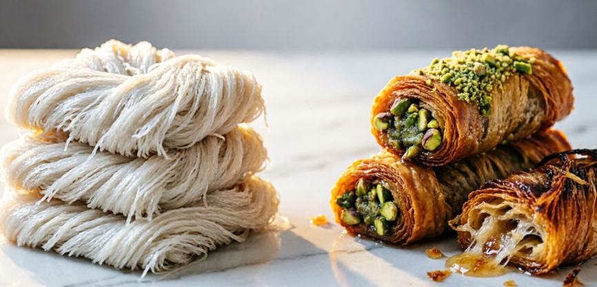 Freshly spun raw Kataifi pastry dough next to baked golden Kunafa rolls stuffed with pistachios.